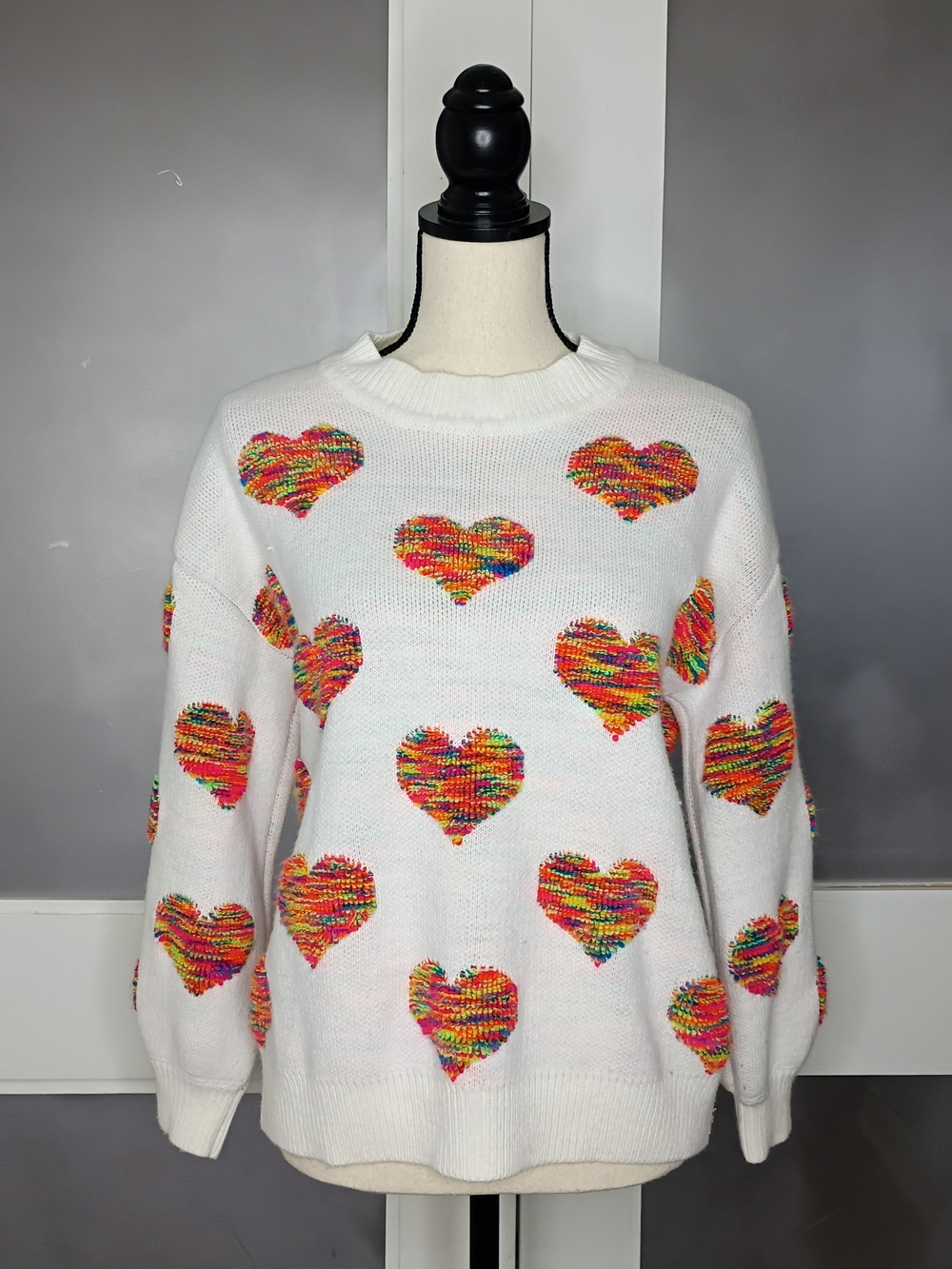 Why Dress White Crewneck Rainbow Heart-Pattern All Over Knit Sweater, Small
